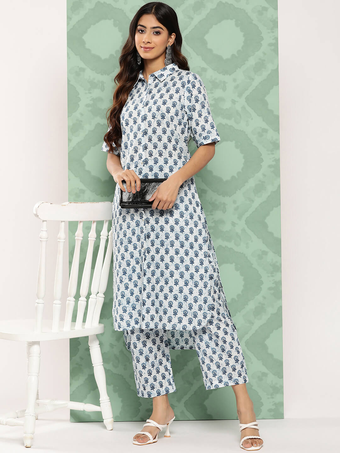 White Cotton Floral Printed Kurta with Pant