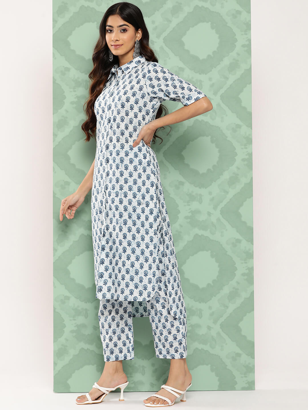 White Cotton Floral Printed Kurta with Pant