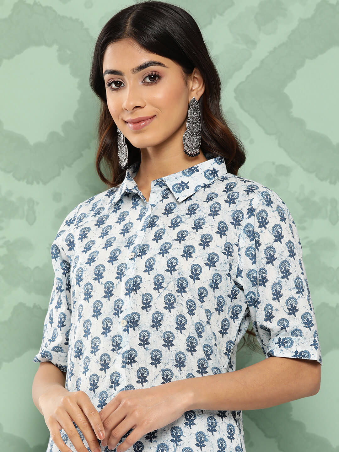 White Cotton Floral Printed Kurta with Pant
