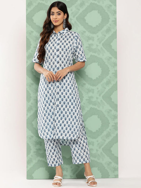 White Cotton Floral Printed Kurta with Pant