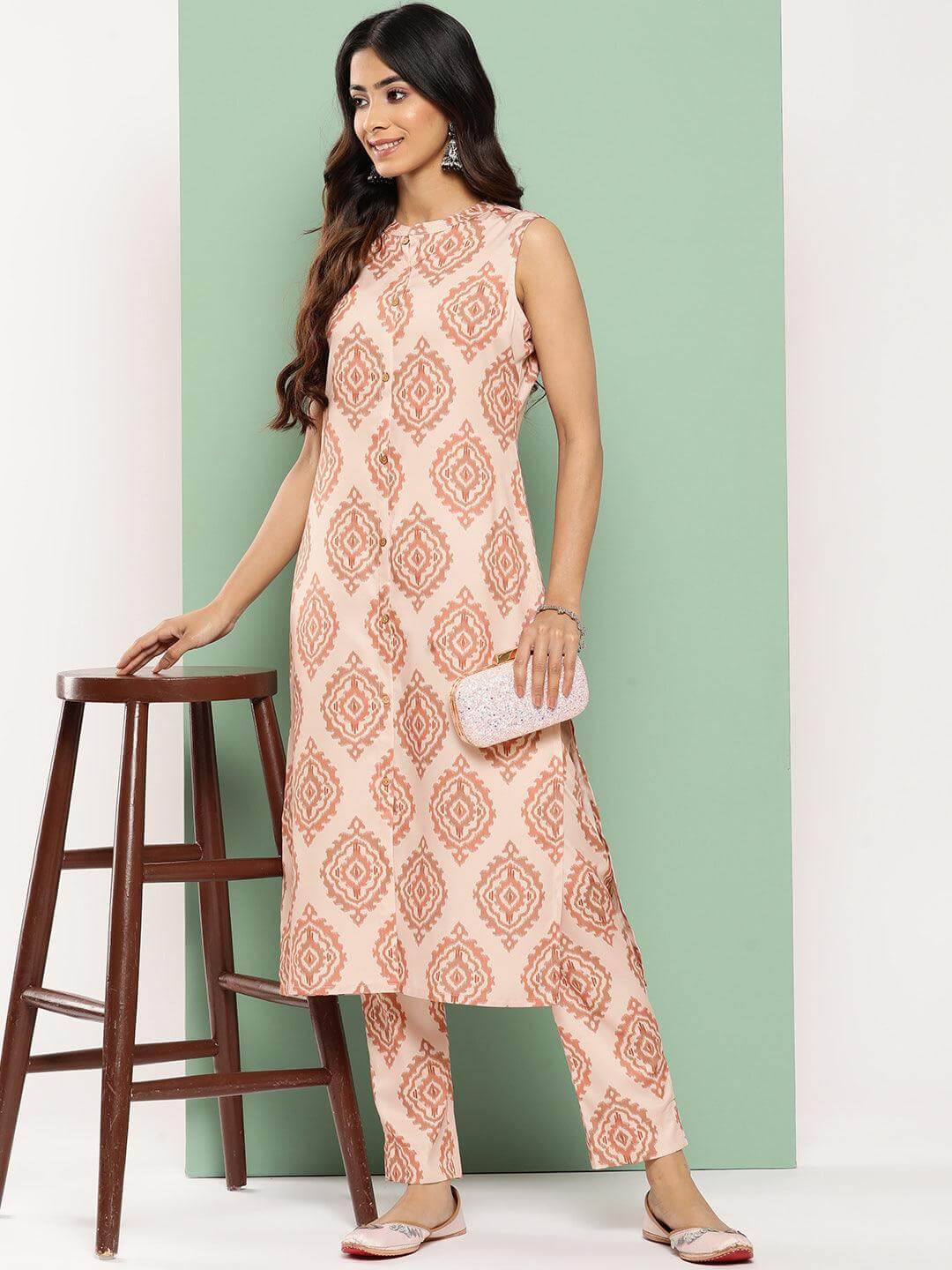 Light Peach Crepe Digital Printed Kurta with Pant