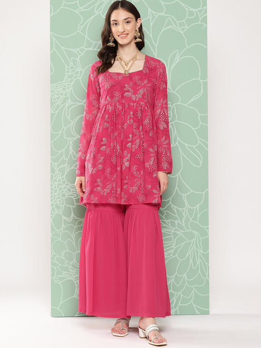 Pink Georgette Foil Printed Short Kurta with Sharara