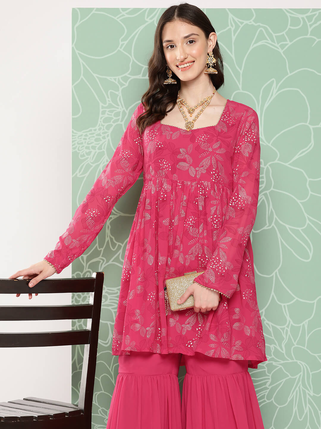 Pink Georgette Foil Printed Short Kurta with Sharara