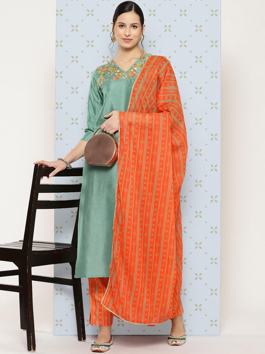 Sage Green Crepe Silk Yoke Embroidered Solid Kurta with Pant and Dupatta