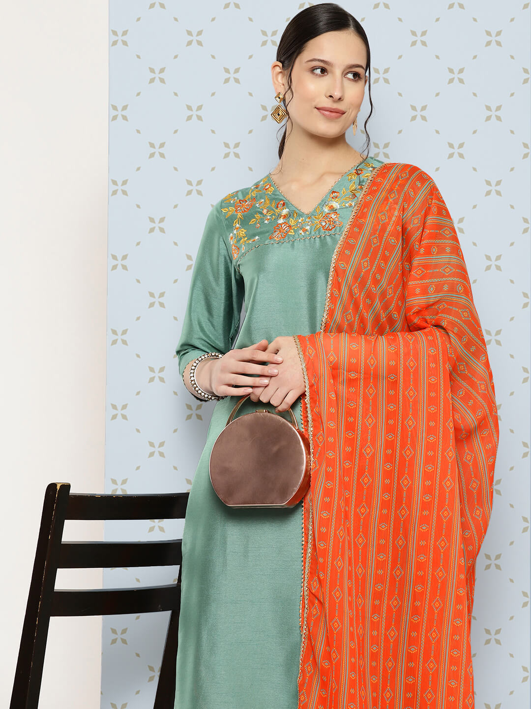 Sage Green Crepe Silk Yoke Embroidered Solid Kurta with Pant and Dupatta