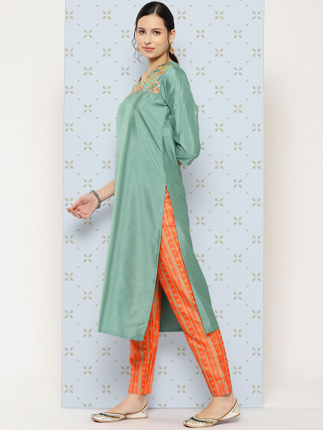 Sage Green Crepe Silk Yoke Embroidered Solid Kurta with Pant and Dupatta