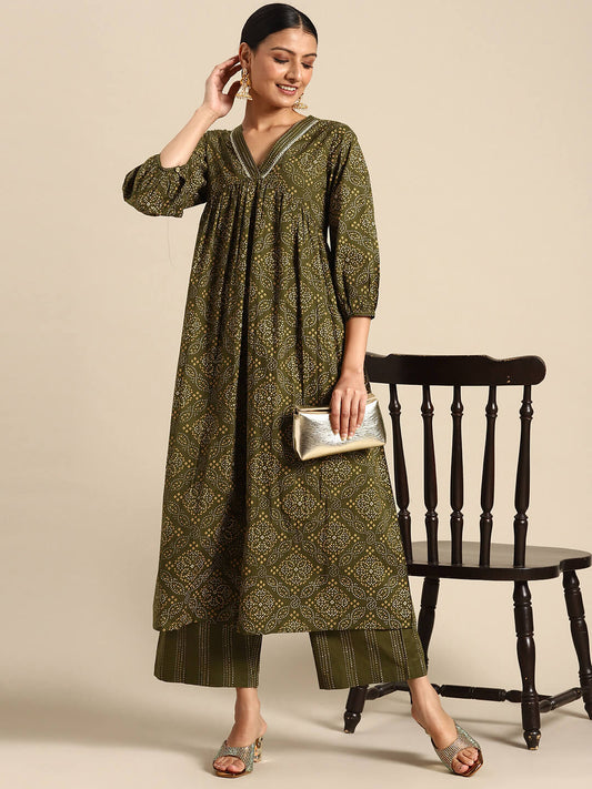 Olive Green Cotton Bandhani Printed Kurta with Palazzo