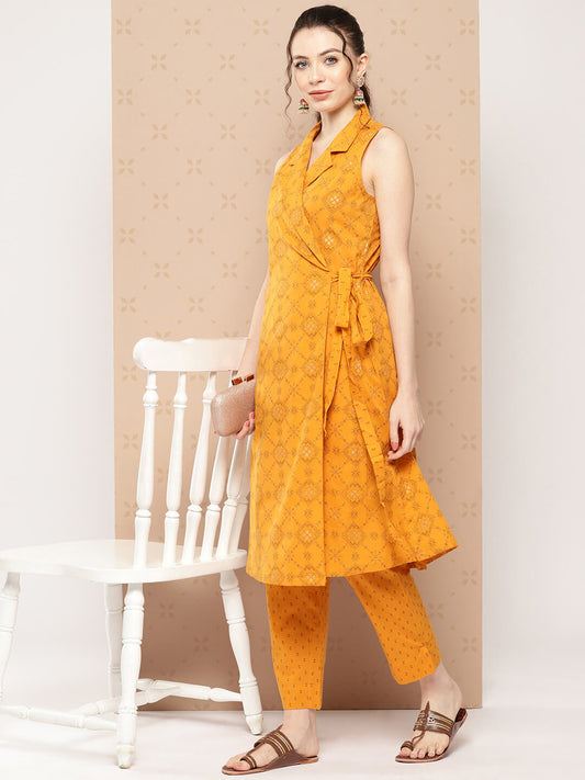 Mustard Cotton Ethnic Motif Printed Kurta with Pant