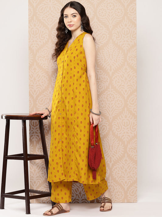 Mustard Moss Ethnic Motif Printed Kurta with Palazzo