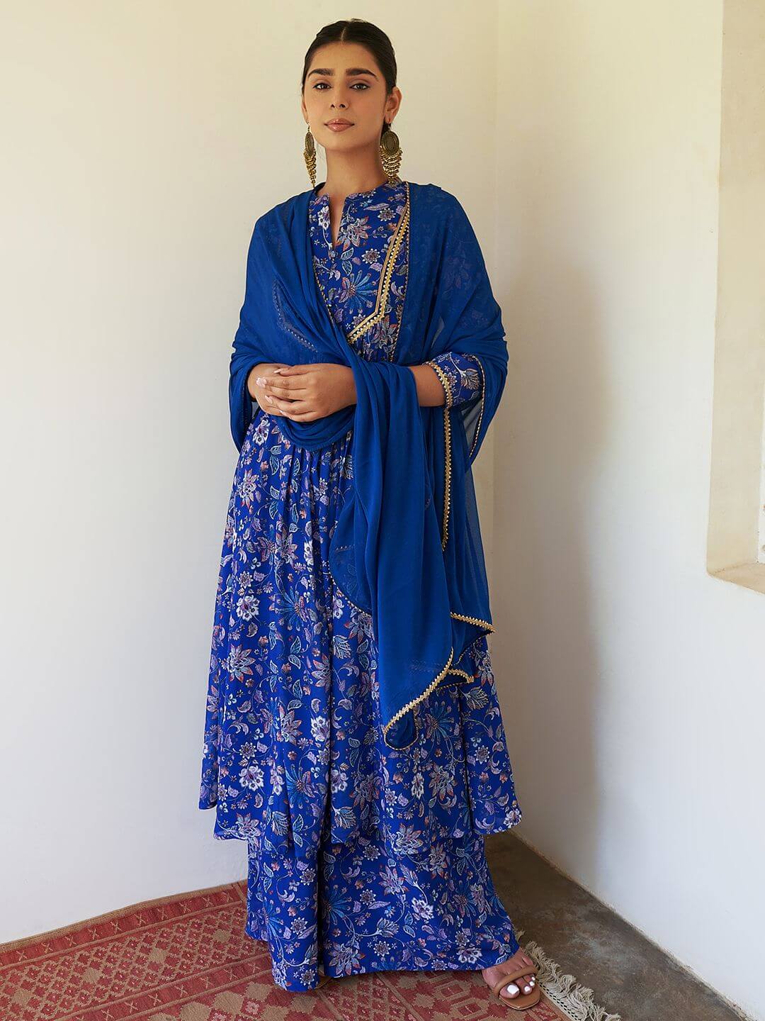 Blue Georgette Floral Palazzo Suit for Women