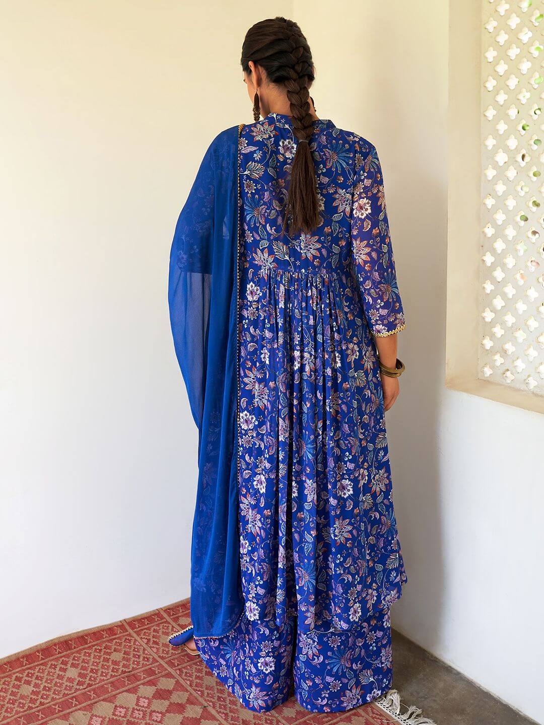 Blue Georgette Floral Palazzo Suit for Women