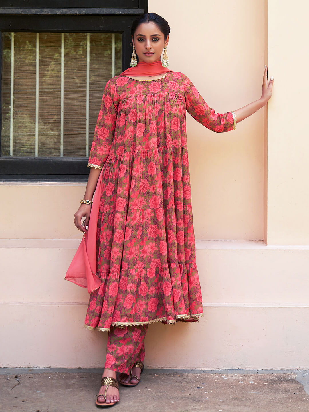 Peach Georgette Kurta Palazzo Set With Dupatta