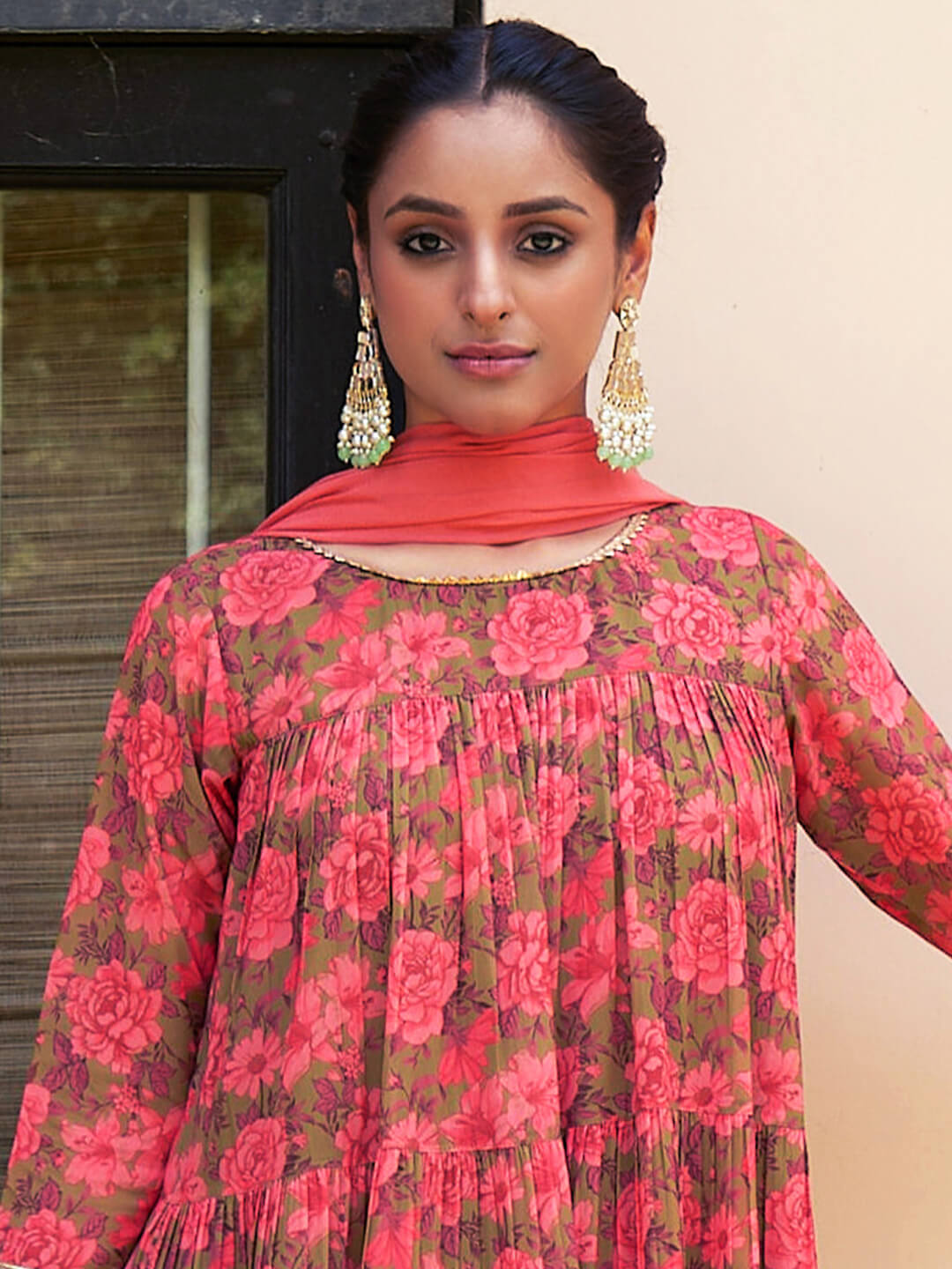 Peach Georgette Kurta Palazzo Set With Dupatta