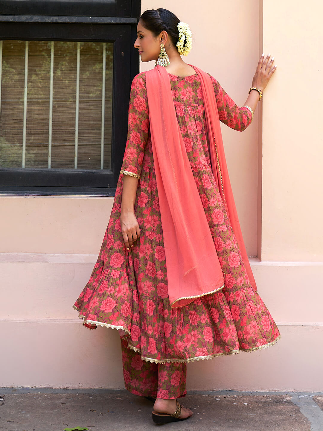 Peach Georgette Kurta Palazzo Set With Dupatta