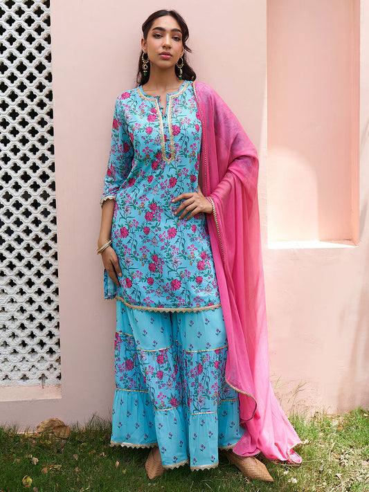 Women Sky Blue Georgette Sharara Suit With Dupatta