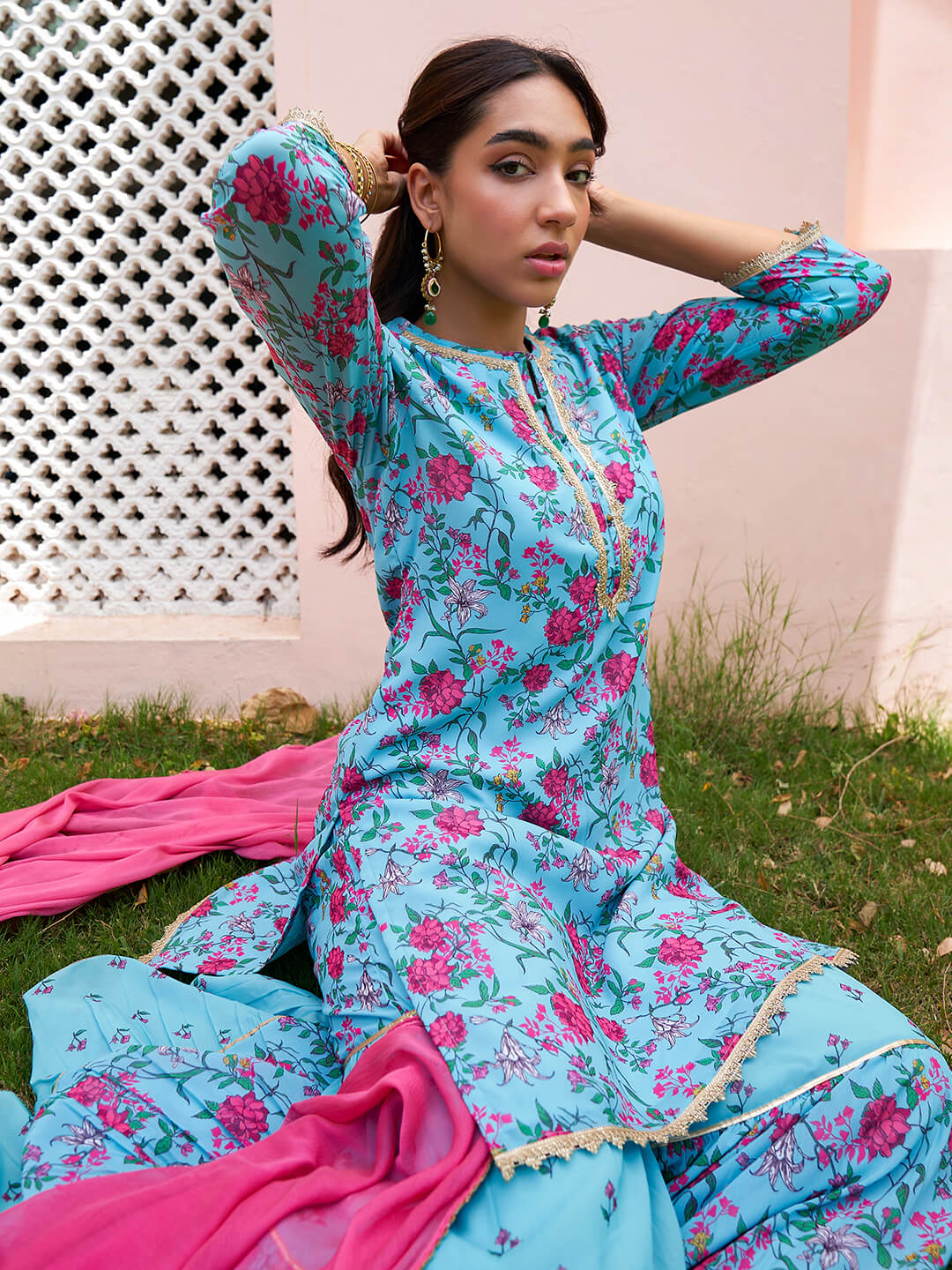 Women Sky Blue Georgette Sharara Suit With Dupatta