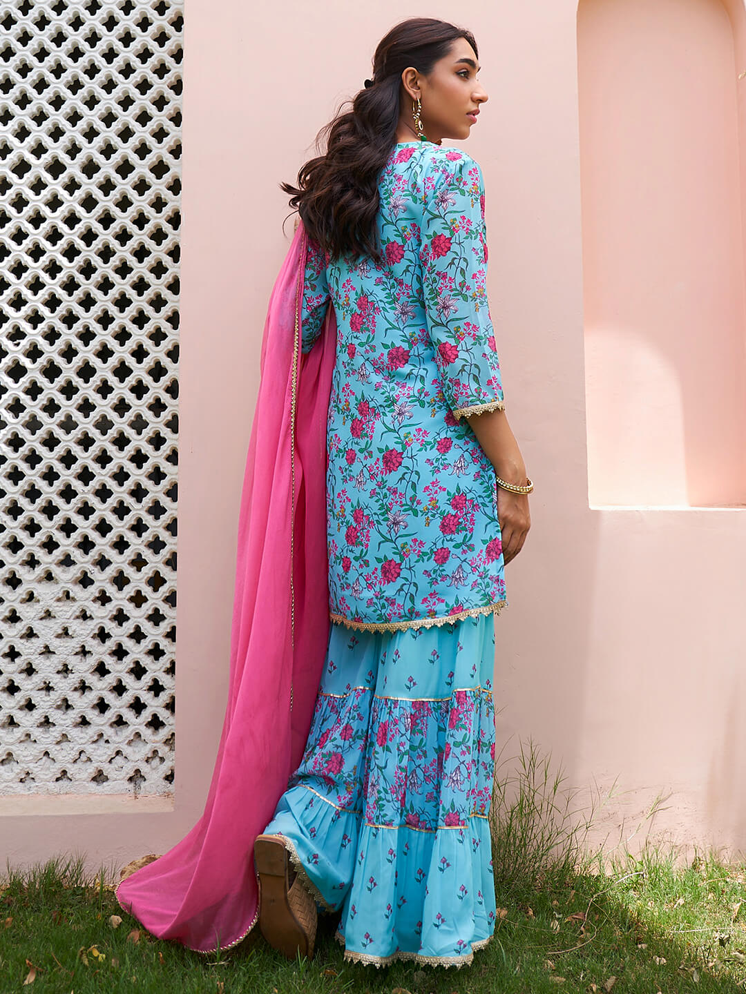 Women Sky Blue Georgette Sharara Suit With Dupatta