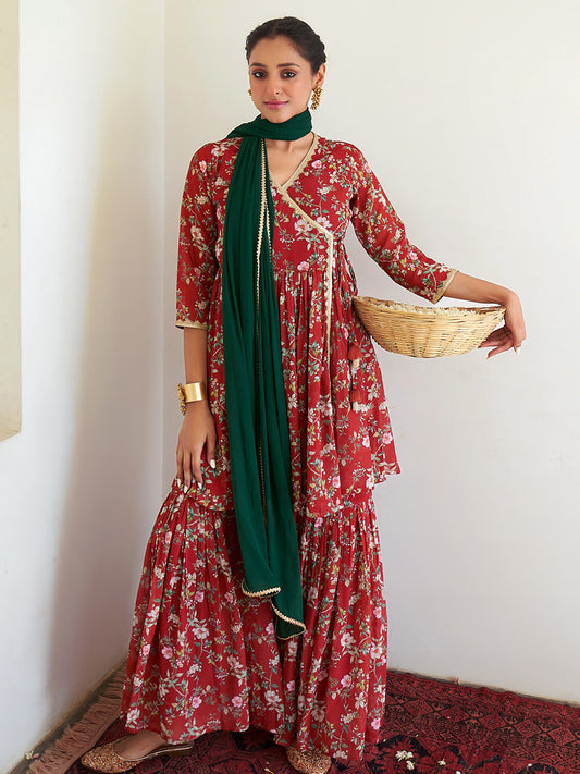 Maroon Georgette Kurta Sharara Set With Dupatta