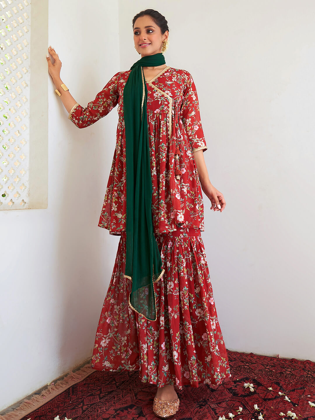 Maroon Georgette Kurta Sharara Set With Dupatta