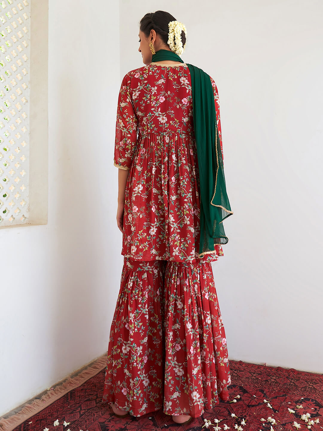 Maroon Georgette Kurta Sharara Set With Dupatta