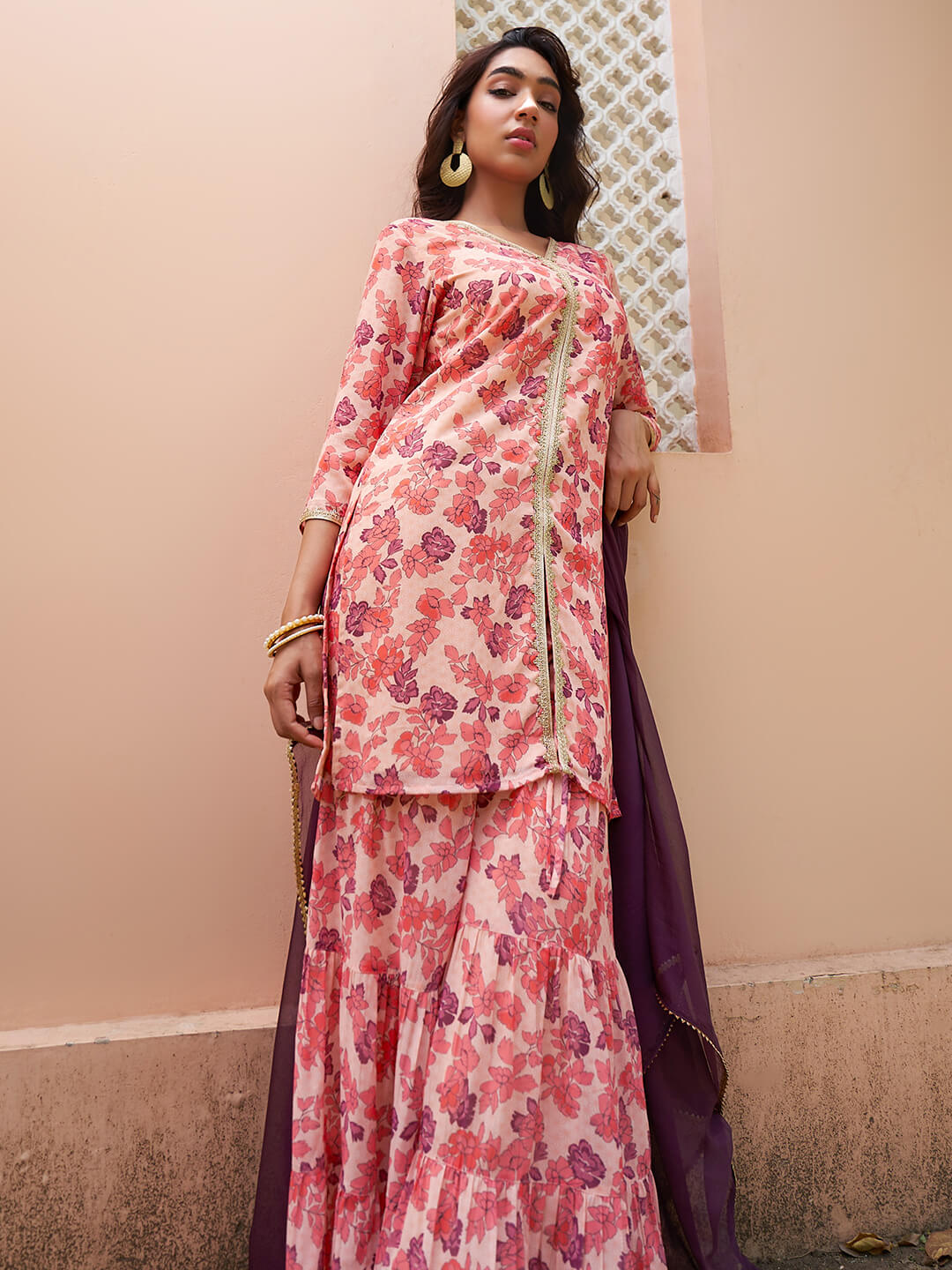Stunning Peach Digital Printed Sharara Suit With Dupatta