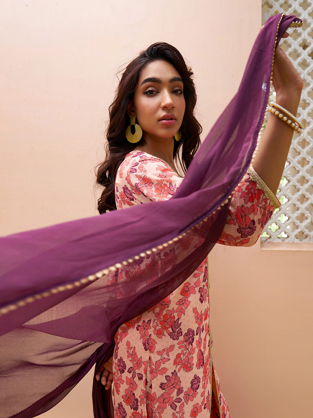 Stunning Peach Digital Printed Sharara Suit With Dupatta
