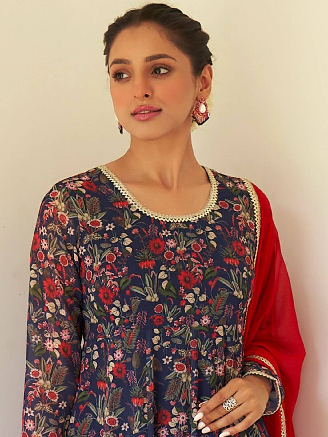 Blue Georgette Floral Kurta Palazzo Set With Dupatta
