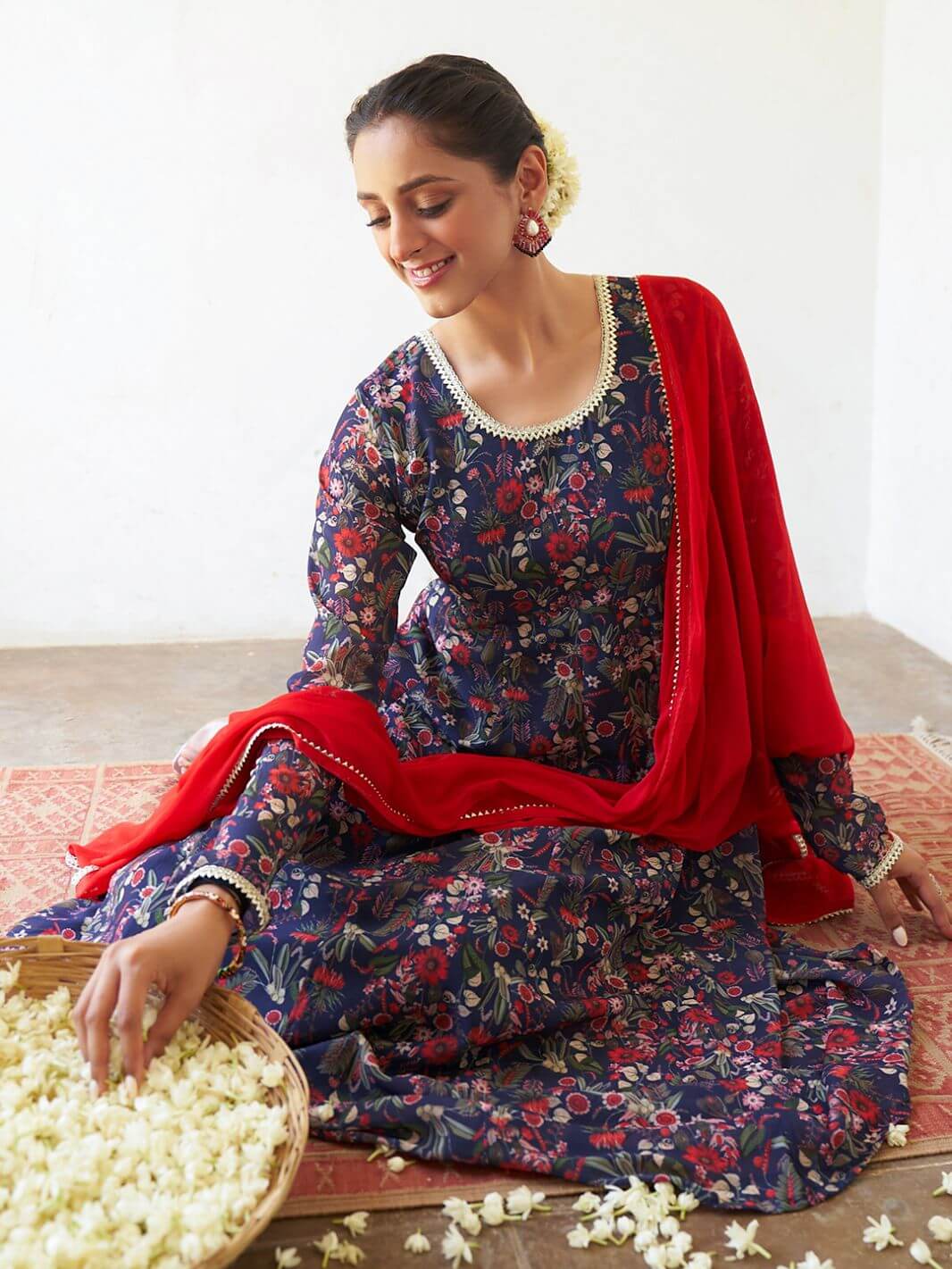 Blue Georgette Floral Kurta Palazzo Set With Dupatta