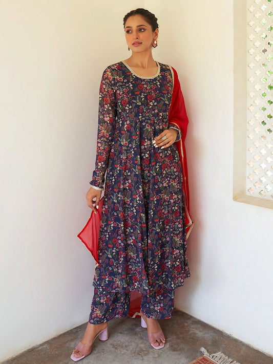 Blue Georgette Floral Kurta Palazzo Set With Dupatta