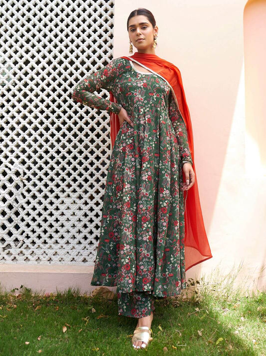 Elegant Green Floral Printed Green Kurta Set With Dupatta