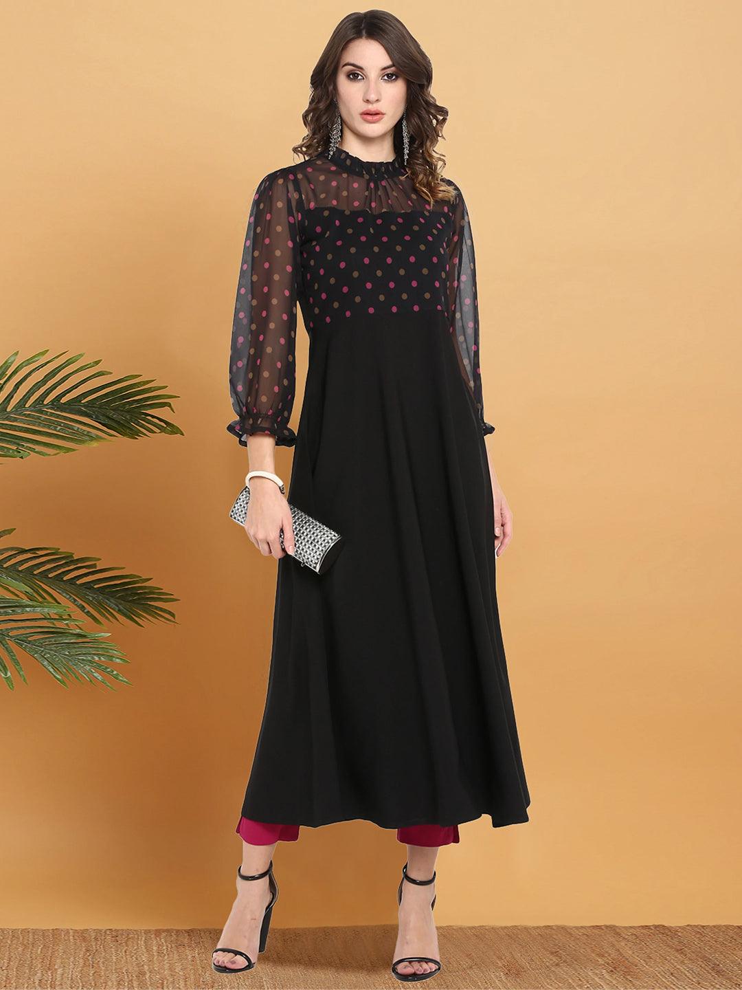 Black Poly Crepe Polka Print A-line Kurta