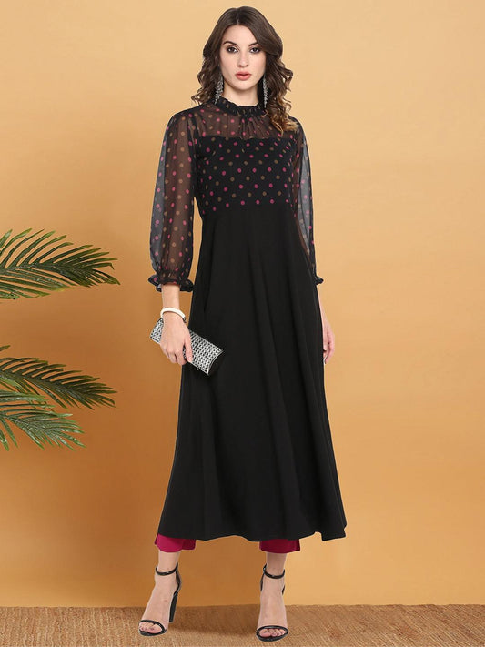 Black Poly Crepe Polka Print A-line Kurta