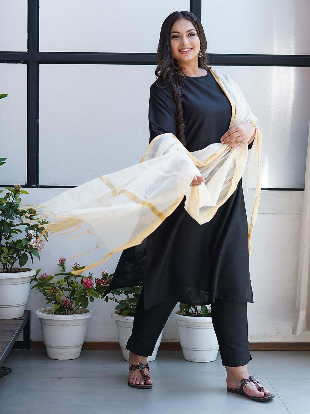 Plus Size Black Poly Silk Kurta With Pant and Dupatta