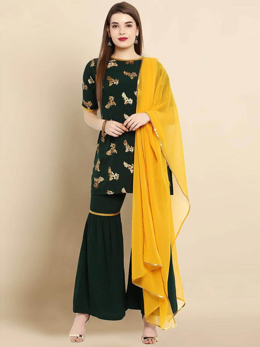 Dark Green Poly Crepe Gold Print Kurti with Sharara and Dupatta