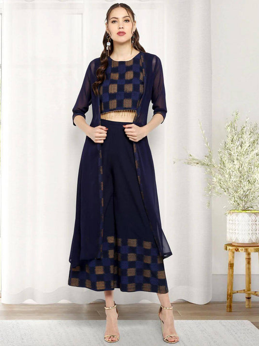Navy Blue Poly Crepe Gold Print Top with Palazzo and Jacket