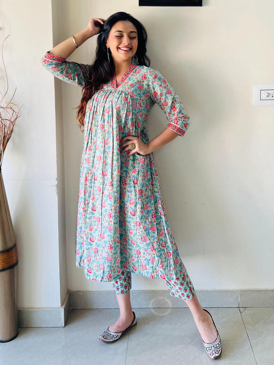 Sea Green Cotton Floral Print Kurta with Pant