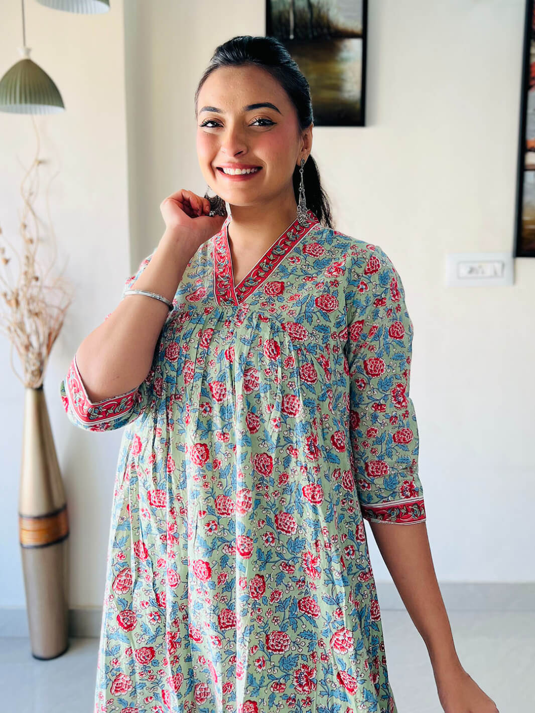 Sea Green Cotton Floral Print Kurta with Pant